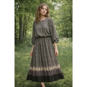 REO Maxi Dress Size 12 Womans Floral Elastic Waist Vintage 80s 90s Cottage Core